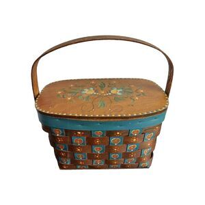 Wood Basket Weave Purse VTG Hand-Painted Hinged Lid Hearts Floral Boho wooden VG